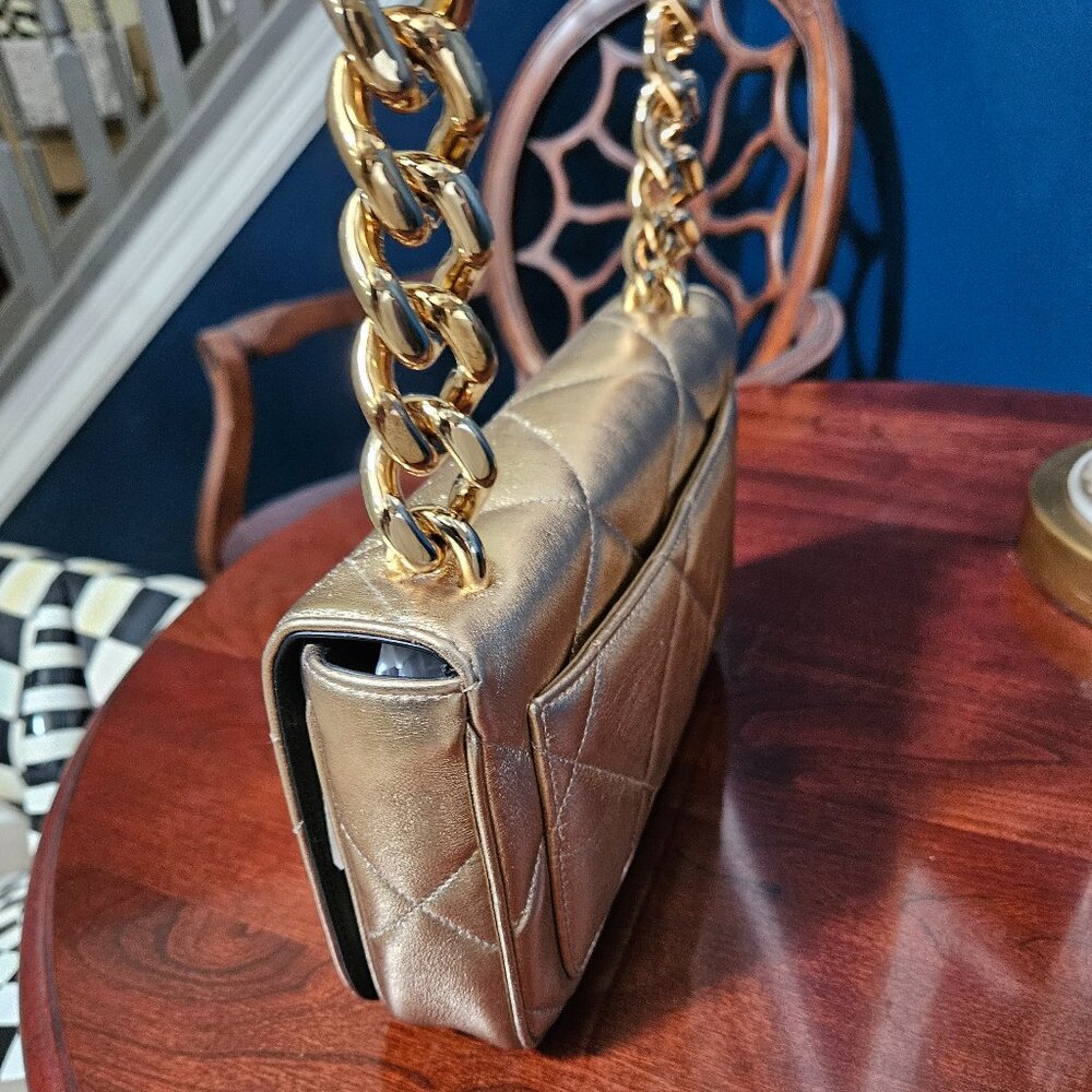 AUTH DOLCE & GABBANA METALLIC GOLD QUILTED LEATHER CHAIN SHOULDER BAG HANDBAG - Picture 7 of 16